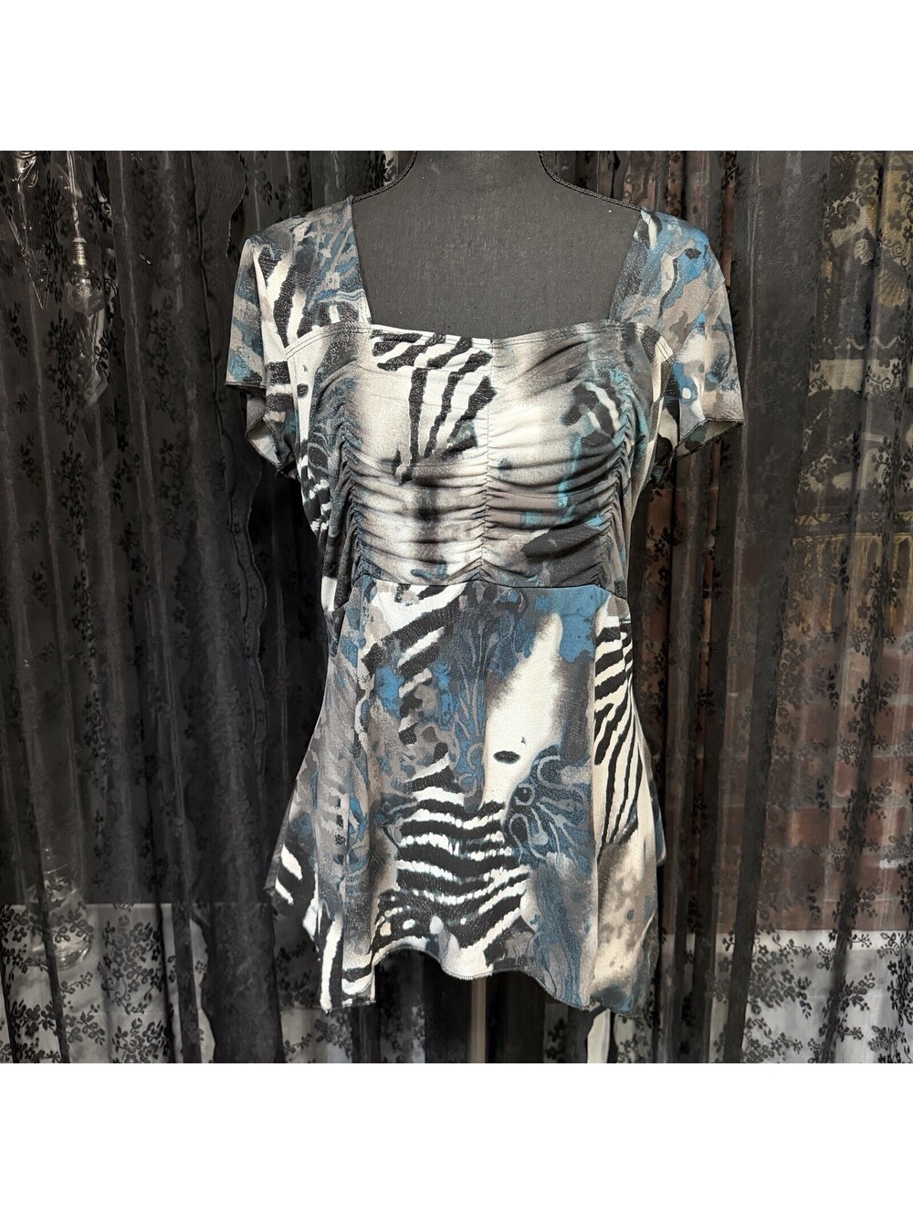 Jessica Abstract Zebra Print Ruched Square Neck Top Sz M